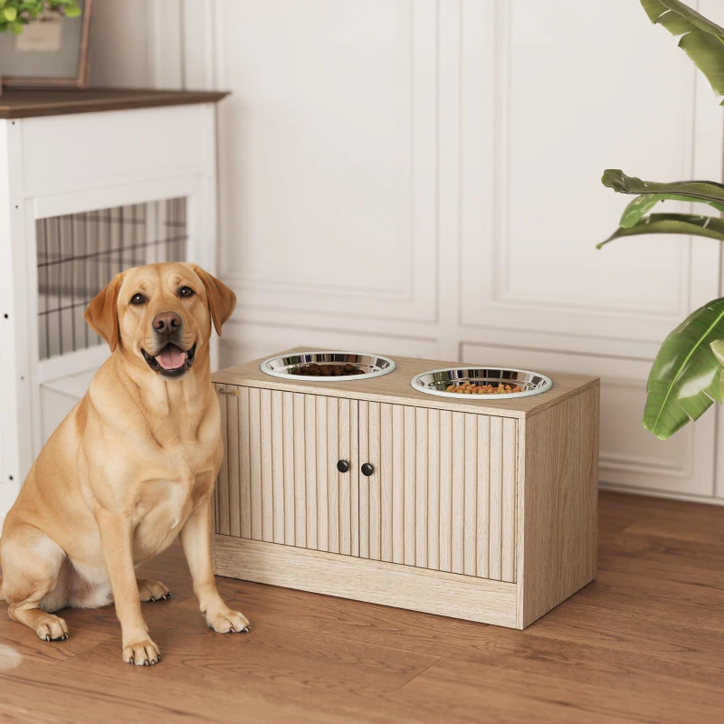 PawHut Hundefutterstation mit 2 Edelstahl-Näpfen, Schrank für Utensilien, für große Hunde, Zubehör, Holz