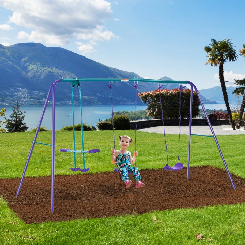 Outsunny Metal Swing Set, with Seesaw, Adjustable Height, for Ages 3+ Years, Purple