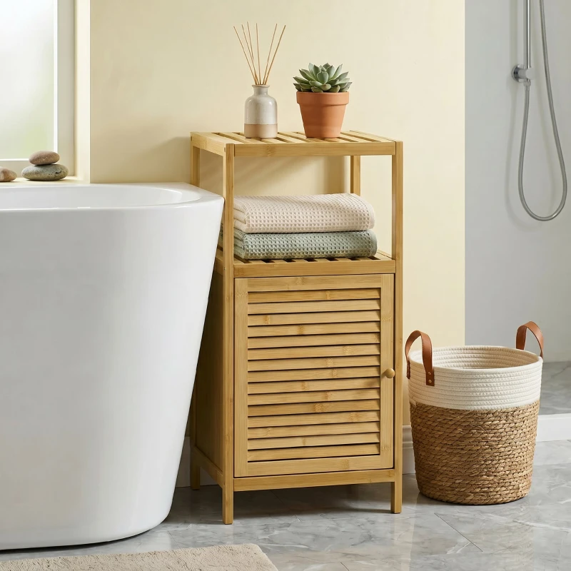 kleankin Dulap pentru Baie din Bambus cu Lamele și Dulap cu O Ușă, 33x36,5x67cm, Culoare Lemn Natural