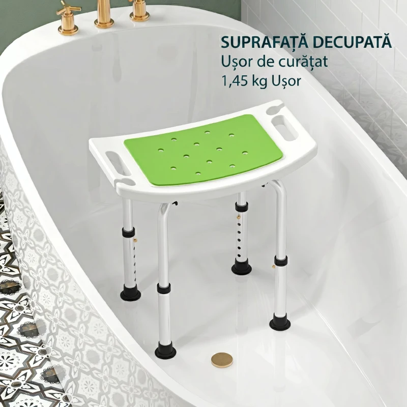 HOMCOM Scaun pentru duș din aluminiu și plastic antiderapant, înălțime reglabilă pe 6 nivele, 39-52cm, verde