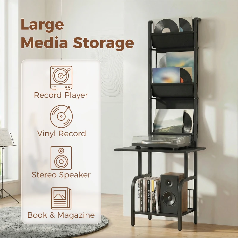 HOMCOM Vinyl Record Player Stand Record Storage with Player Stand Oxford Fabric Pockets Bottom Shelf, Black