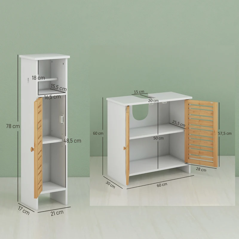 HOMCOM Conjunto de Móveis para Casa de Banho Inclui 1 Móvel para Lavatório Pousar 1 Coluna Casa de Banho com Portas de Bambu Suporte para Papel Higiénico e Prateleiras Ajustáveis Branco e Madeira