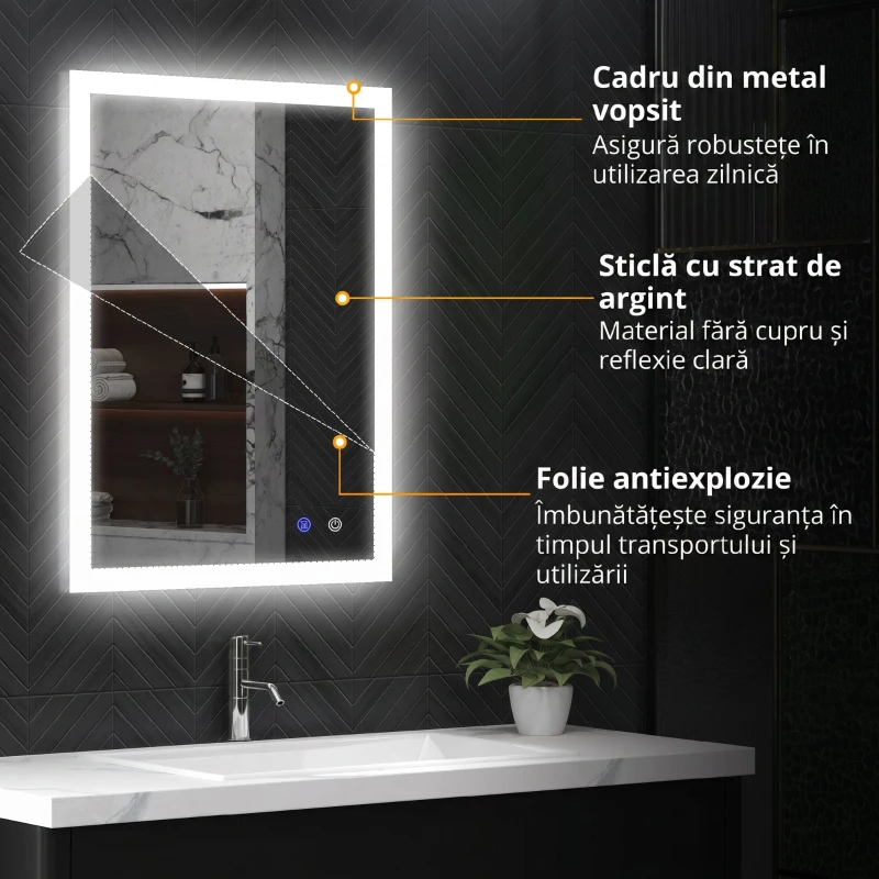 kleankin Oglinda de Baie Iluminata 800 x 600 mm cu Iluminare din Spate cu Lumini LED, Oglinda de Baie de Perete cu 3 Lumini, Intrerupator Tactil Reglabil, Folie de Dezaburire, Orizontala/Verticala