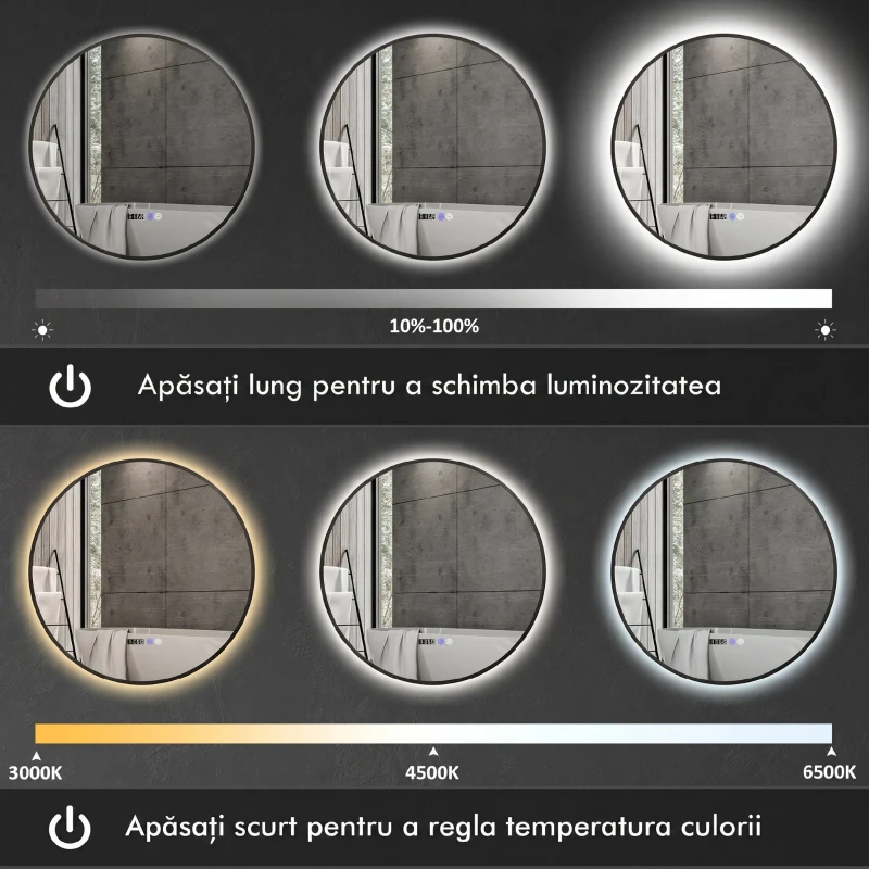 HOMCOM Oglindă de baie cu lumină LED reglabilă, antiaburire și afișaj pentru oră și temperatură, Ø70 cm, negru