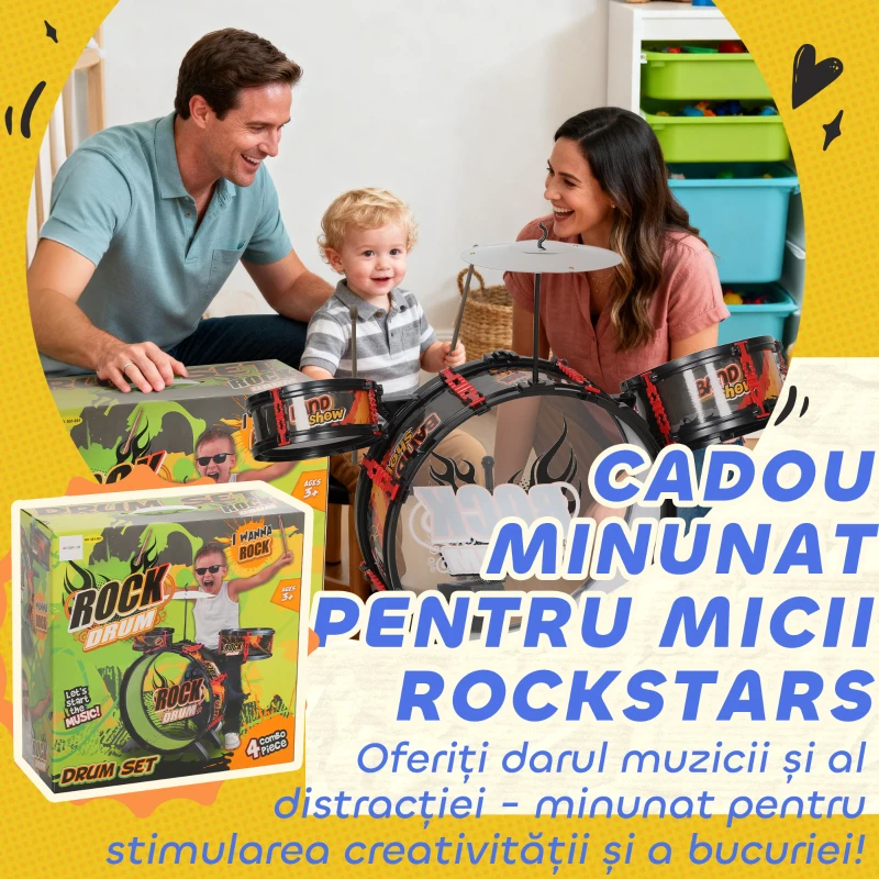 AIYAPLAY Set Tobă pentru Copii cu Scăunel, Joc Muzical pentru Copii 3-6 Ani, Negru