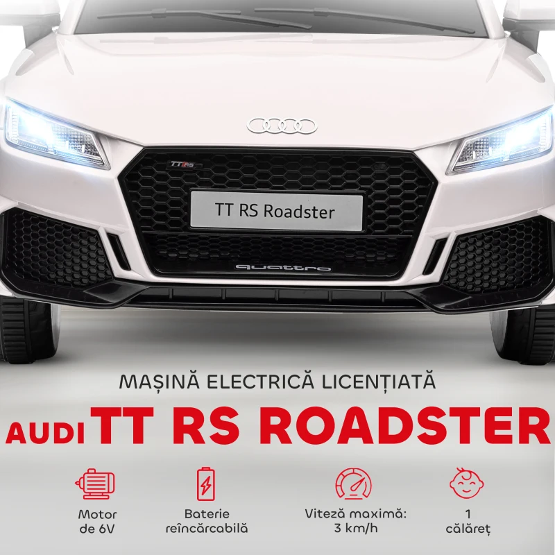 HOMCOM Mașină Electrică pentru Copii 3-5 Ani AUDI TT cu Telecomandă, Portiere care se Deschid și Faruri LED, Alb