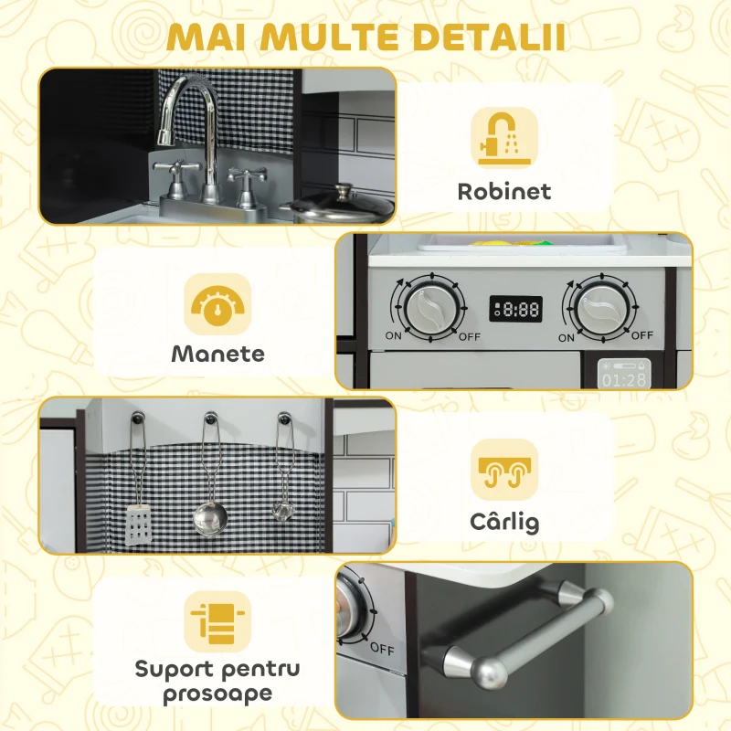 AIYAPLAY Bucătărie de jucărie pentru copii 3-8 ani din lemn cu accesorii, frigider, chiuvetă și butoane cu sunete, maro