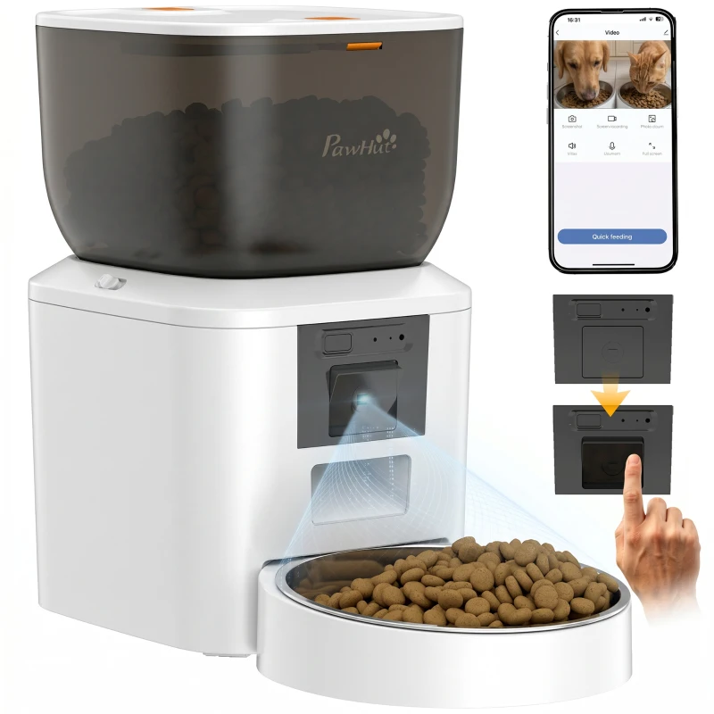PawHut Distribuitor Automat de Hrană pentru Pisici și Câini 4L, WiFi 2,4G, Control din Aplicație cu Cameră, Bol, Alb