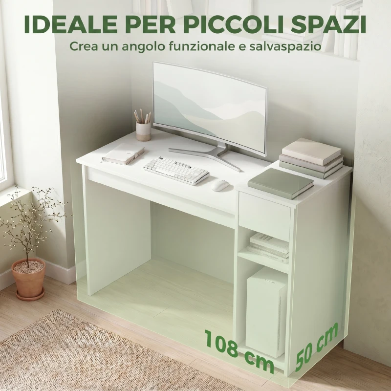 HOMCOM Scrivania per Studio e Scrittura con Cassetto e Scaffali, 108 cm, Bianco