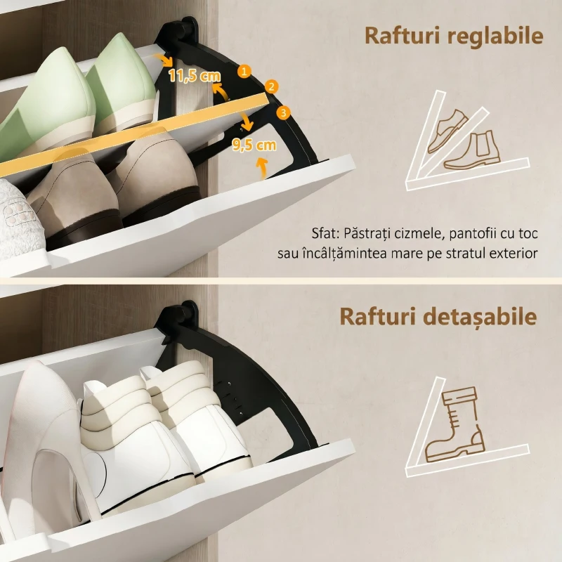 HOMCOM Dulap Subțire pentru Pantofi cu 4 Sertare pentru 20 de Perechi de Pantofi 62.5x26x156 cm, Culoare Lemn și Alb