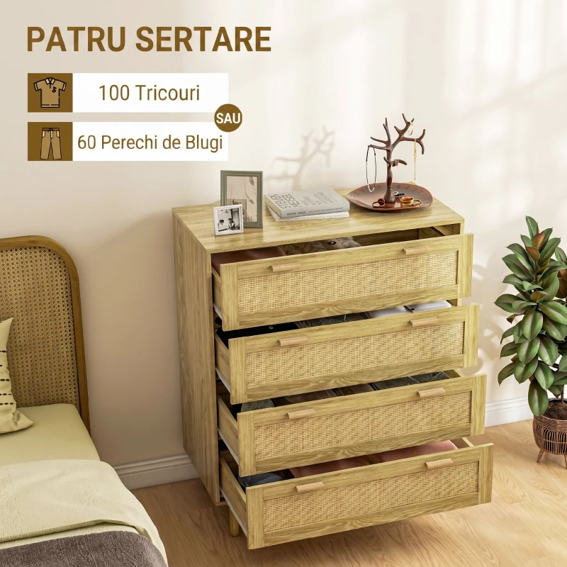 HOMCOM Comodă cu 4 Sertare, Stil Boho, din Lemn și Ratan, 90x45x108,5cm, Stejar(m-5)