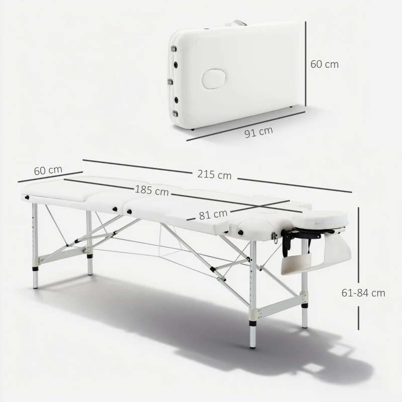 HOMCOM Mobile Massageliege 3 Zonen Klappbar Massagetisch mit Kopfstütze Armlehne Tragetasche höhenverstellbare Aluminium Massagebett tragbar inkl. Zubehör Massagebank bis 225 kg Belast Weiß