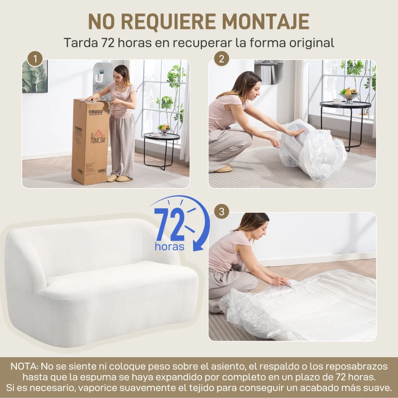 HOMCOM Sofá de 2 Plazas Tapizado en Borreguito de 142 cm con Diseño Curvo Acolchado Grueso No Requiere Montaje Crema