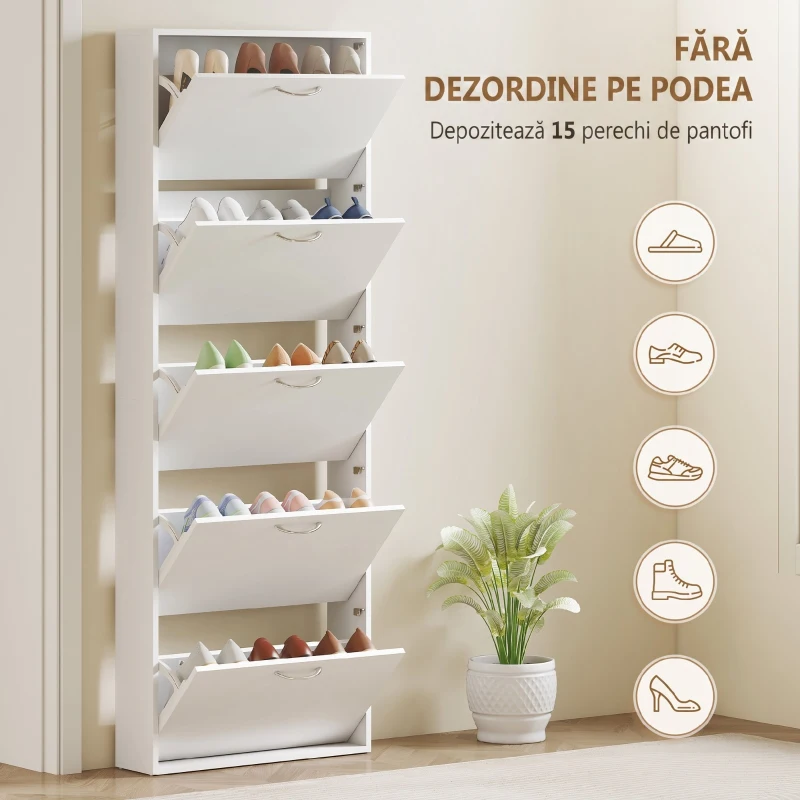HOMCOM Dulap pentru Pantofi cu 5 Uși Anti-Răsturnare, din PAL, 65x17x180.5 cm, Alb