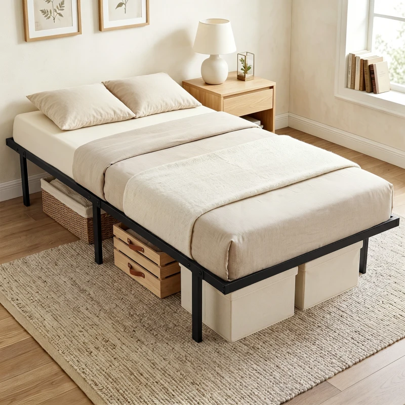 HOMCOM 3ft Single Bed Frame with Underbed Storage, Metal Platform Bed Frame with Steel Slat Support, No Box Spring Needed