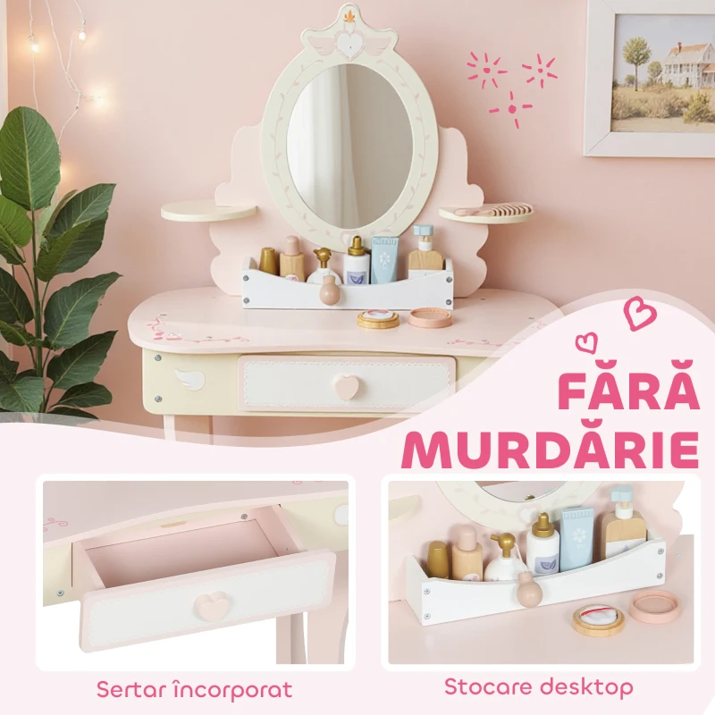 AIYAPLAY Set Măsuță de Toaletă cu Oglindă și Scăunel din Lemn 2 în 1 pentru Copii cu 7 Accesorii Incluse, Roz