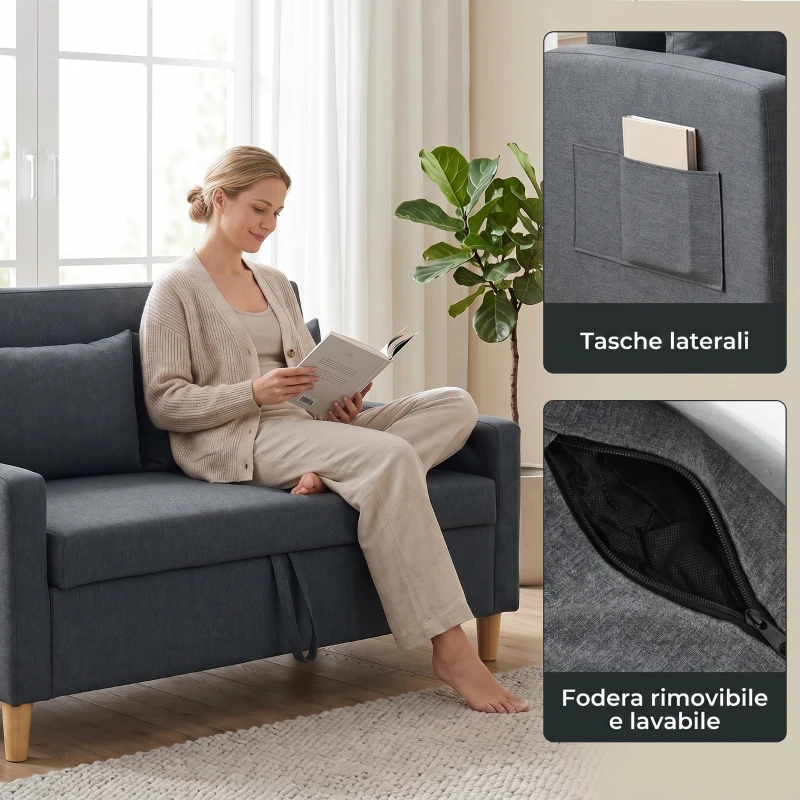 HOMCOM Divano 2 Posti con Spazio Portaoggetti e Cuscini, in Tessuto Effetto Lino e Legno, 135x72x84 cm, Grigio Scuro