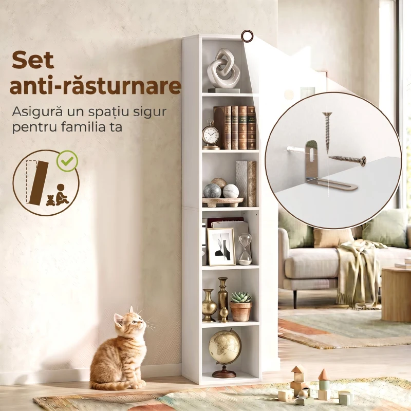 HOMCOM Bibliotecă Autoportantă și care Economisește Spațiu, 30x24x159 cm, Culoare Alb