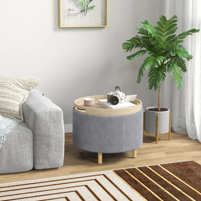 HOMCOM Taburet cu spațiu de depozitare, material Sherpa, max. 120 kg, cu tavă reversibilă, din MDF și fag, 56x56x42 cm, gri