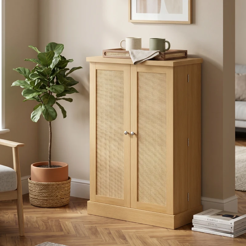 HOMCOM 104 cm Rattan-Küchenschrank mit 5-stufigem Regal, 12 Gewürzfächern und verstellbaren Böden, Natur