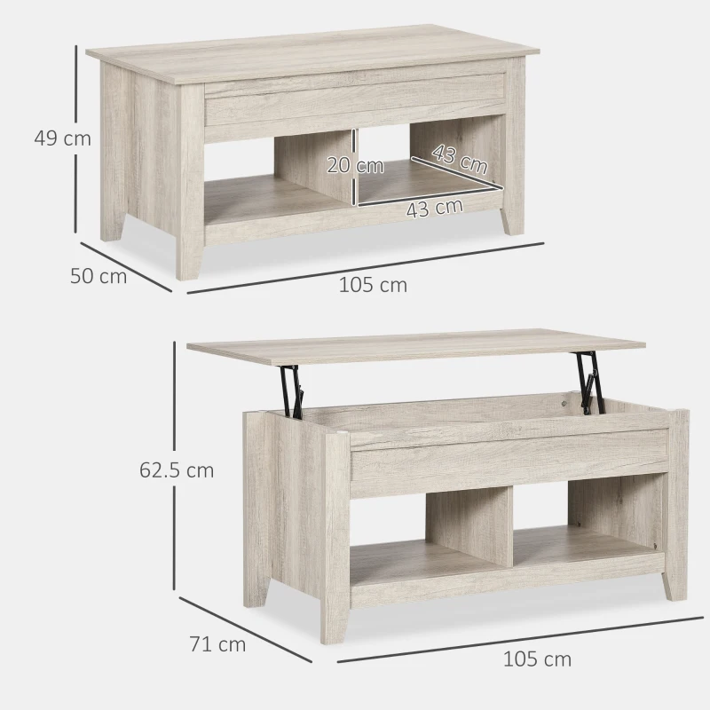 HOMCOM Tavolino Rettangolare con Piano Sollevabile, 2 Scomparti Aperti, Pannello Truciolare, 105 x 50 x 49cm, Rovere