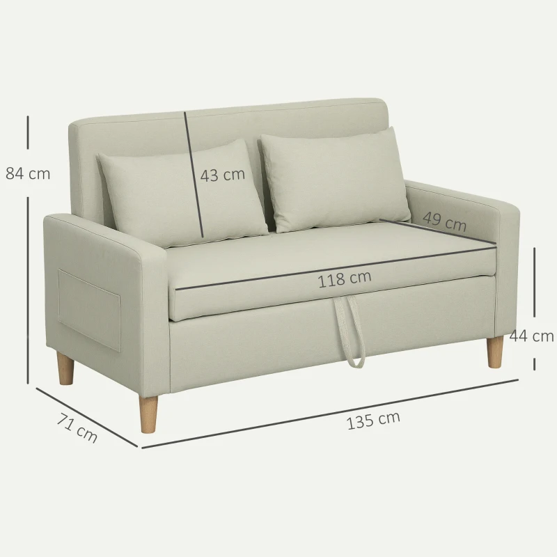 HOMCOM Sofá de 2 Plazas Tapizado en Lino Sintético con Espacio de Almacenaje 2 Almohadas y Patas de Madera 135x71x84 cm Beige