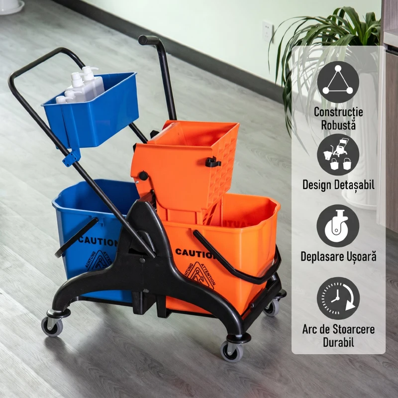HOMCOM Cărucior Profesional de Curățenie cu 2 Găleți de 26L, Cărucior cu Presă, Mâner și 4 Roți Universale, pentru Hotel, Casă, Birou, 78x45x95 cm, Portocaliu și Albastru