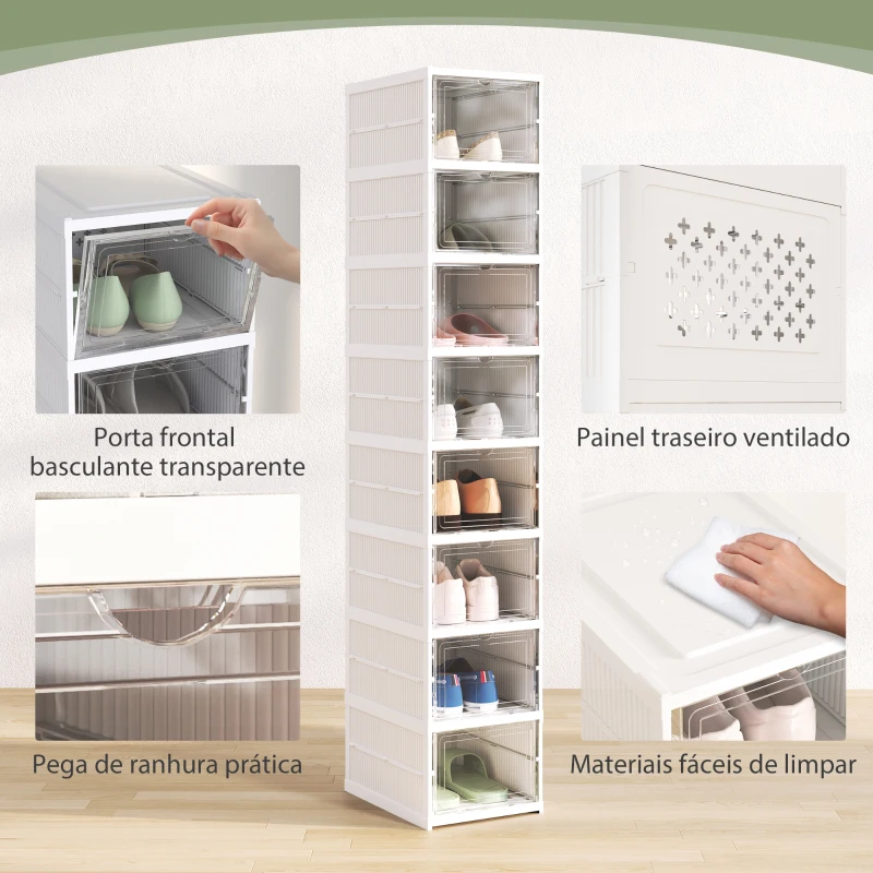 HOMCOM Sapateira Dobrável Organizador para Sapatos de 8 Níveis com Portas Transparentes para Sapatos até Tamanho 43 26x35x140 cm Branco