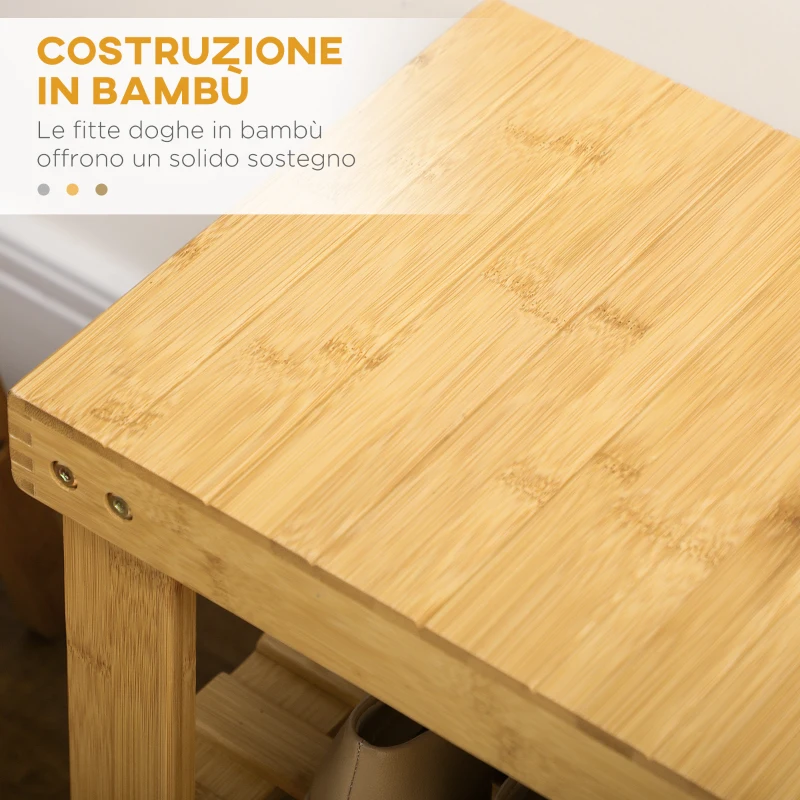 HOMCOM Panca Scarpiera Bassa in Bambù con 2 Ripiani a Doghe e Seduta, 70x28x45 cm, Naturale