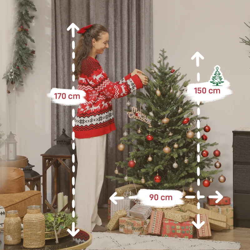 HOMCOM Sapin de Noël artificiel 150 cm, arbre de Noël réaliste avec 1202 pointes de branche articulée, support en métal, vert
