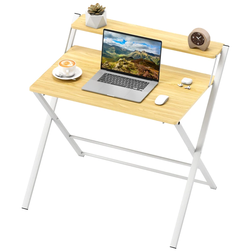 HOMCOM Compact Folding Desk for Small Spaces, Foldable Computer Desk with Storage Shelf for Home Office, 2-Tier Study Writing Table, 86 x 66 x 82 cm, Maple Wood-effect