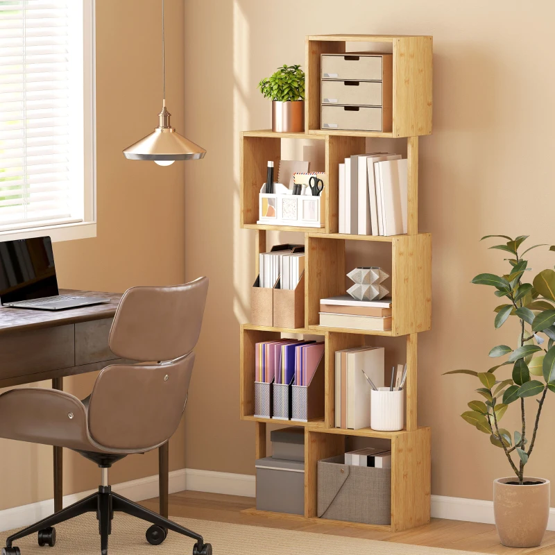 HOMCOM Bibliotecă Modernă Asimetrică cu 5 Rafturi din Bambus, 62,5 x 23 x 165 cm, Culoare Lemn Natural