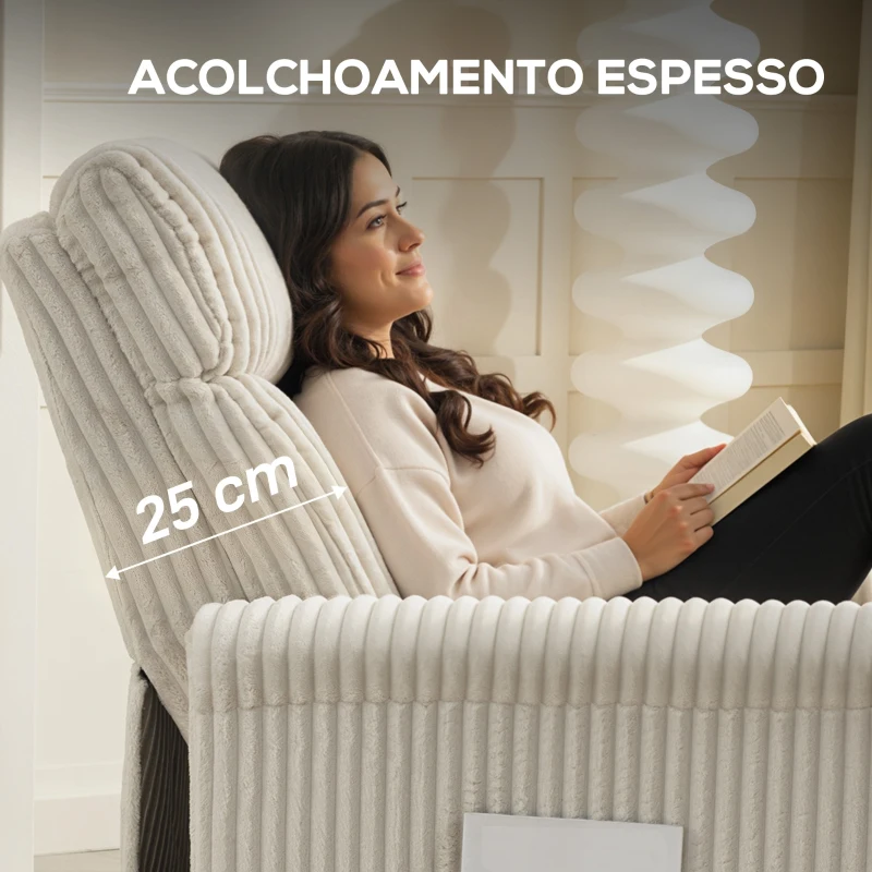 HOMCOM Poltrona Relax Reclinável Manual Estofada em Veludo com Apoio para Pés 73x86x100 cm Creme
