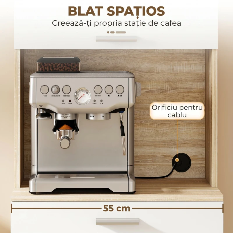 HOMCOM Mobilier Bucătărie 174 cm cu Sertar, Rafturi, Blat și Orificiu pentru Cabluri