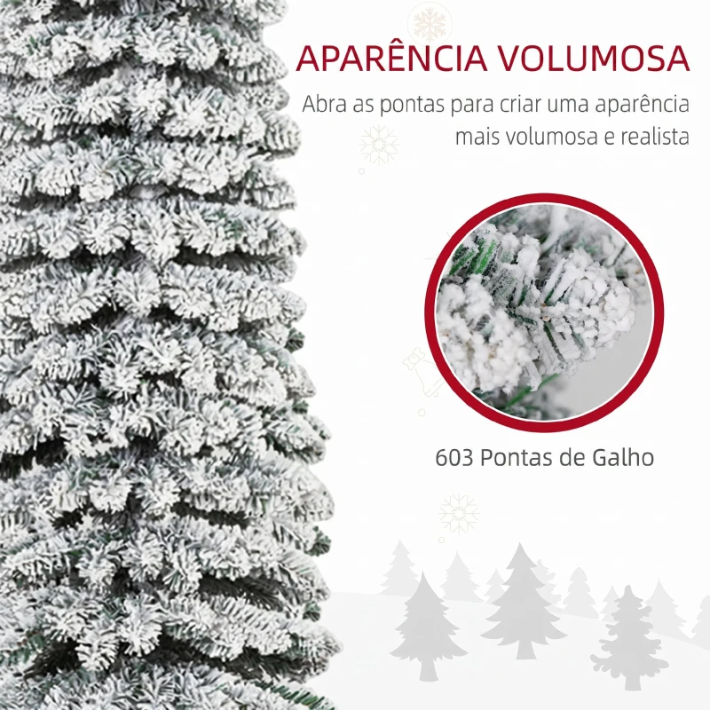 HOMCOM Árvore de Natal Estreita Nevada 240 cm com 603 Ramos e Suporte Metálico Dobrável para Sala de Estar, Interior, Verde