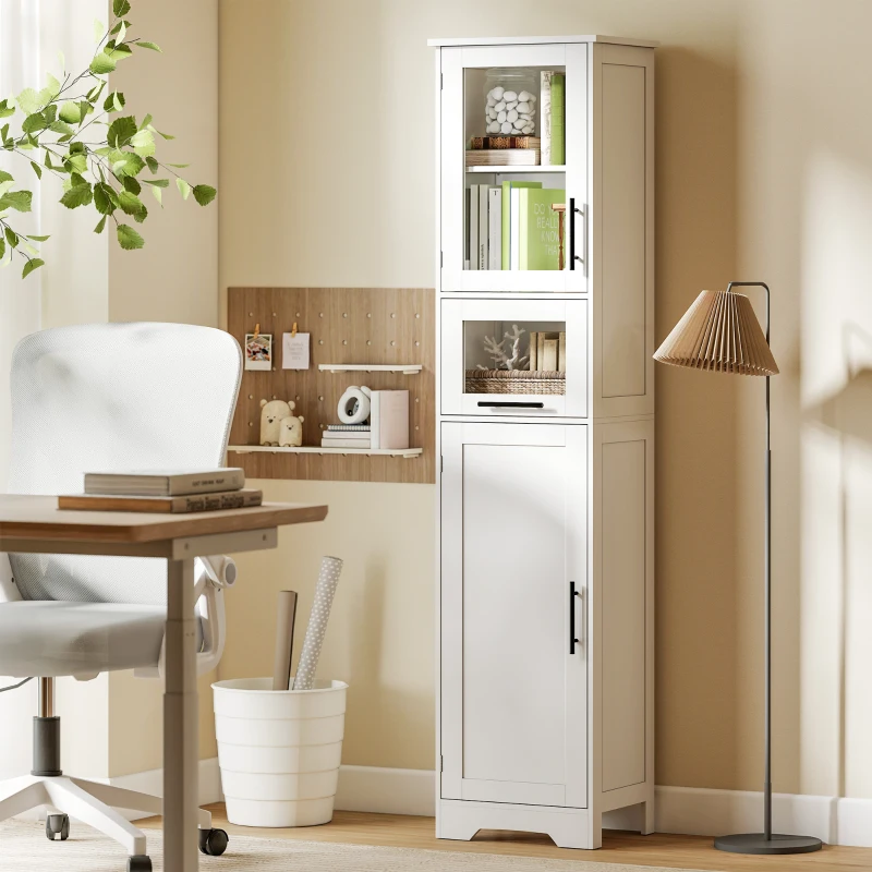 HOMCOM Coluna Casa de Banho com Porta de Vidro Prateleiras Ajustáveis Gaveta para Espaços Pequenos 40x31x170 cm Branco