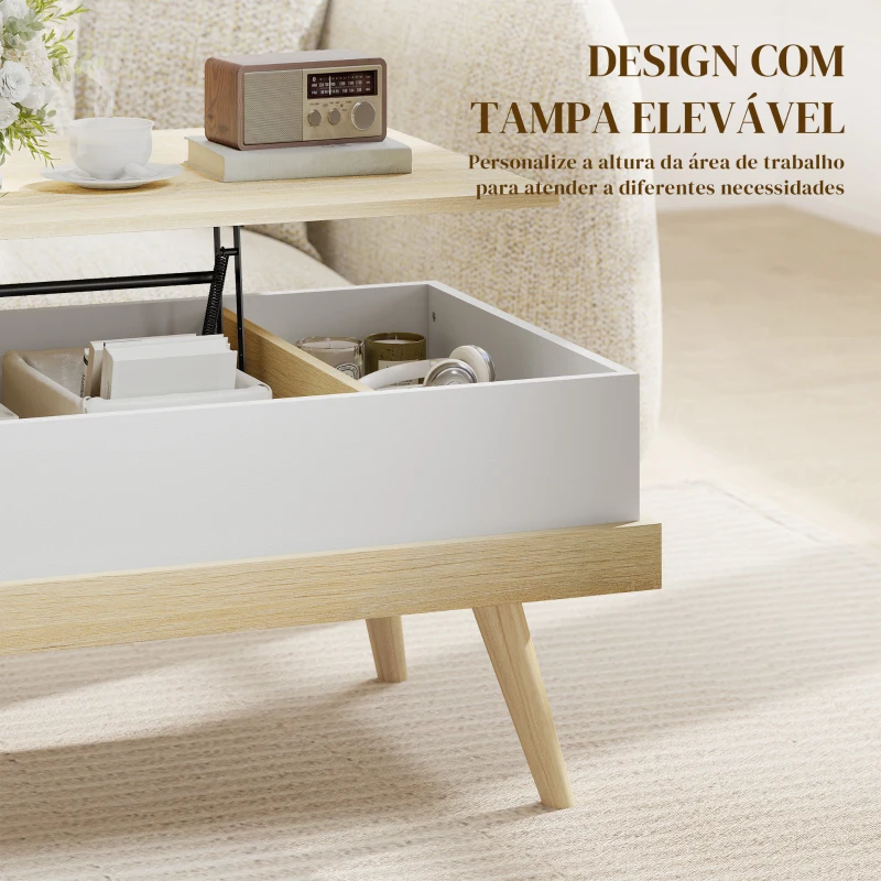 HOMCOM Mesa de Centro Elevatória com 3 Compartimentos de Armazenamento Ocultos e Pés de Madeira 100x79x54 cm Madeira e Branco