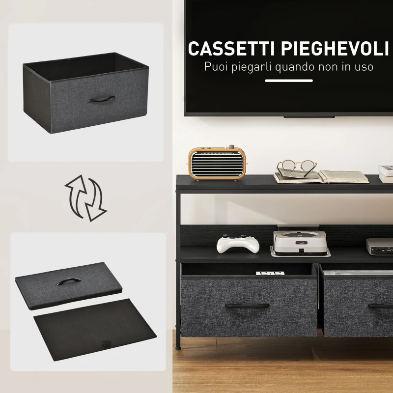 HOMCOM Mobile Porta TV da 47" con Cassetti Pieghevoli in Tessuto e Mensola in Metallo e MDF, 98x29x56 cm, Nero