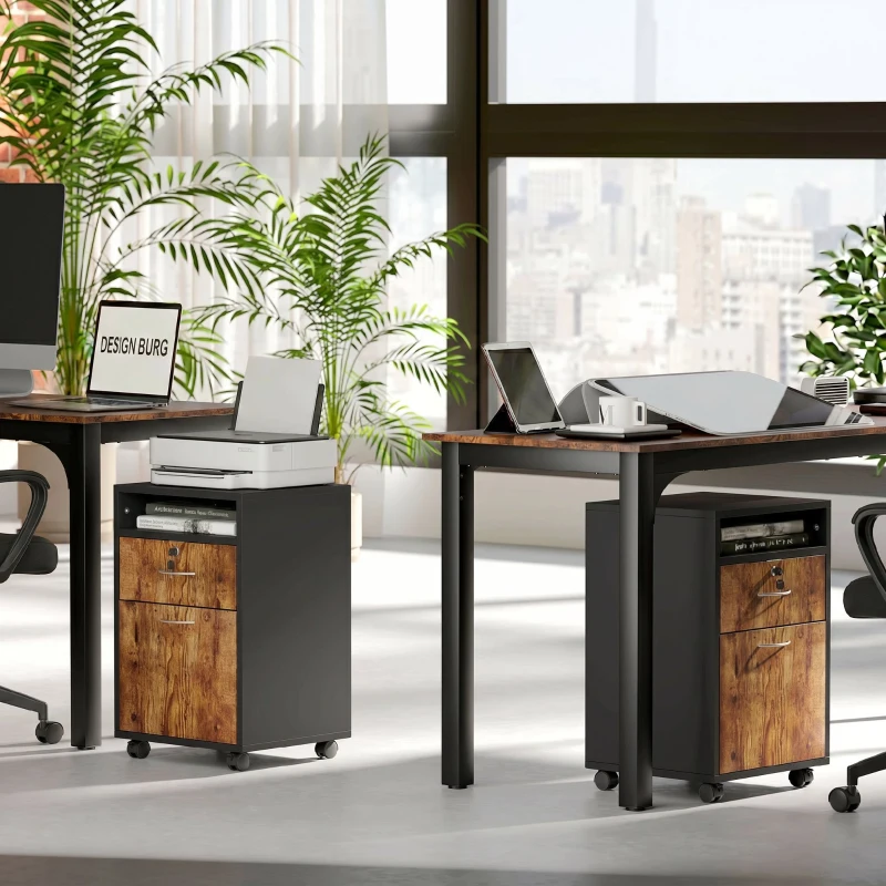 HOMCOM Mobile per Ufficio con Ripiano Aperto, Cassetto con Serratura e Armadietto, 40x35x60 cm, Marrone