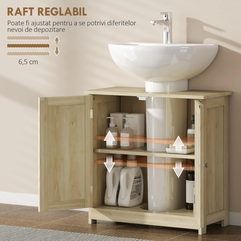 kleankin Dulap sub Chiuvetă cu 2 Uși, Raft Reglabil și Decupaj în Formă de U, 60x30x60 cm, Stejar