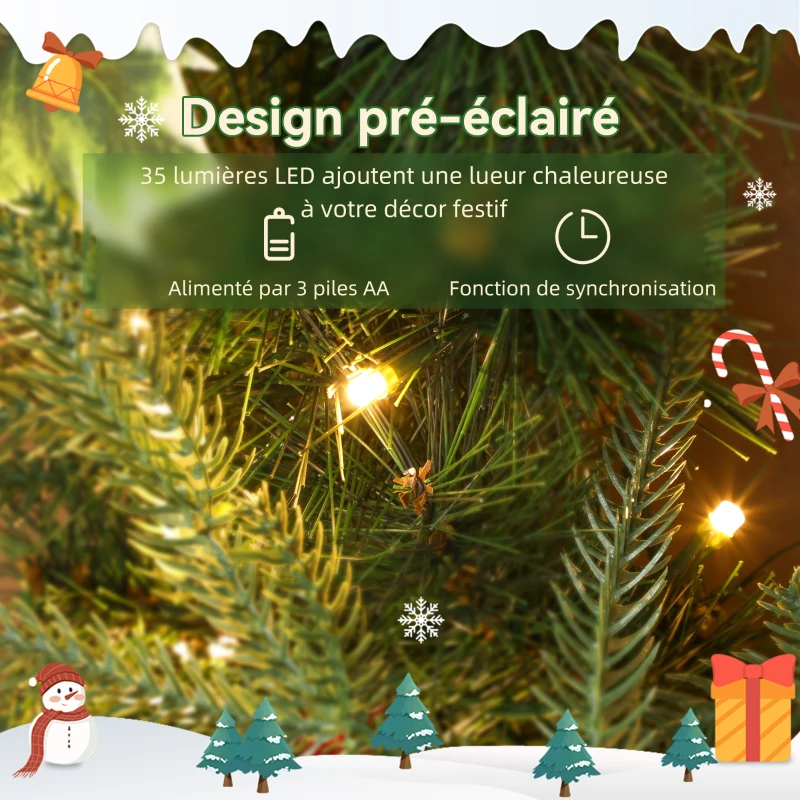 HOMCOM Couronne de Noël lumineuse 60 cm avec 35 LED, minuterie, 170 pointes, pommes de pin, baies, feuilles de houx, vert