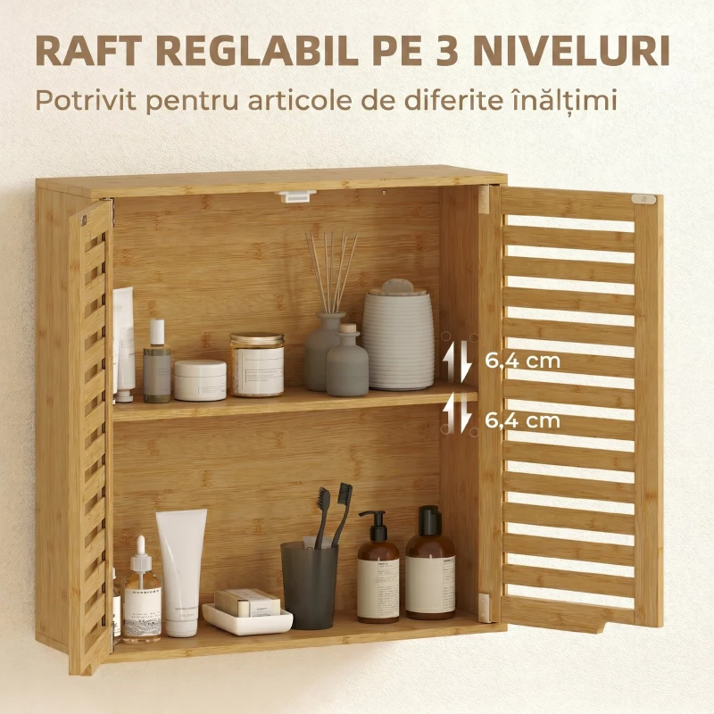 HOMCOM Dulap Suspendat pentru Baie cu Raft Interior Reglabil și Uși Tip Obloane, din Bambus, 60x20x60 cm, Culoare Lemn