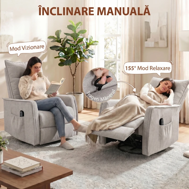 HOMCOM Fotoliu Masaj Reclinabil cu Încălzire Rotativ din Chenille cu Suport pentru Picioare și Telecomandă, Gri Deschis