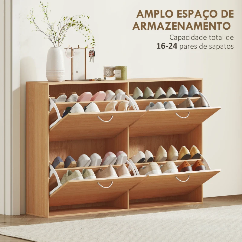 HOMCOM Sapateira Moderna com 4 Gavetas Abatíveis e Prateleiras Ajustáveis para 16-24 Pares de Sapatos 120x24x81 cm Madeira