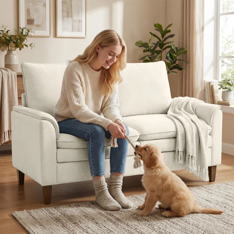 HOMCOM 146 cm Zweisitzer Sofa, Chenille-Sofa mit doppellagiger Polsterung, Federkissen, tiefem Sitz, hoher Rückenlehne, Creme