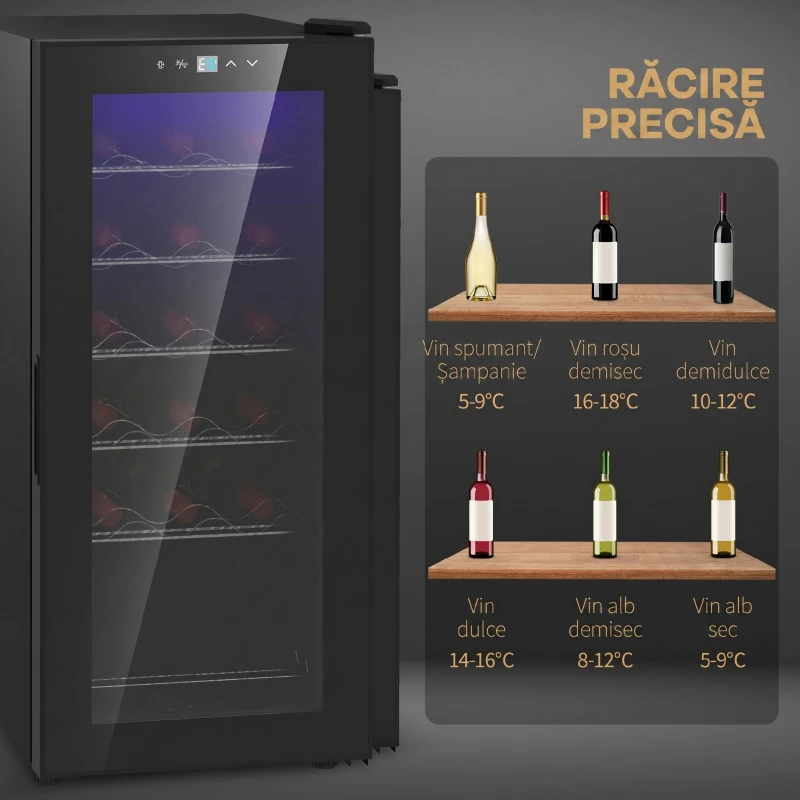 HOMCOM Frigider pentru Vinuri cu Capacitate de 18 Sticle, Display Digital, Lumină LED și Control al Temperaturii, Negru