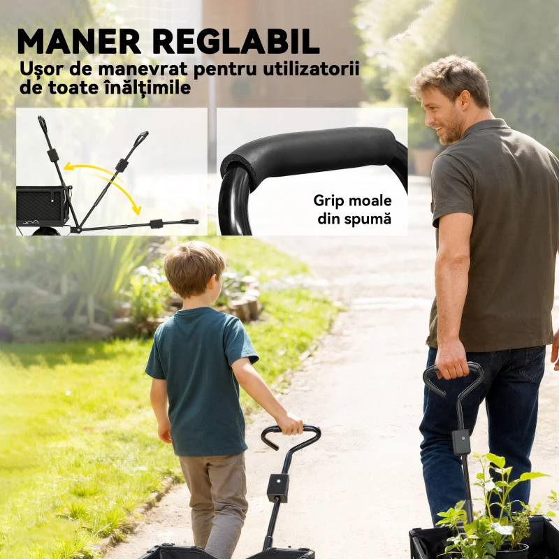 Outsunny Cărărușă de Grădină din Oțel 114L cu Sac pentru Depozitare și Pereți Detașabili, 105x51x54 cm, Negru