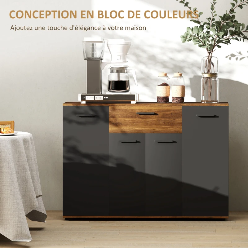 HOMCOM Buffet salon meuble de rangement avec 4 placards, tiroirs et étagères réglables, dim. 120 x 35 x 85 cm, marron et noir