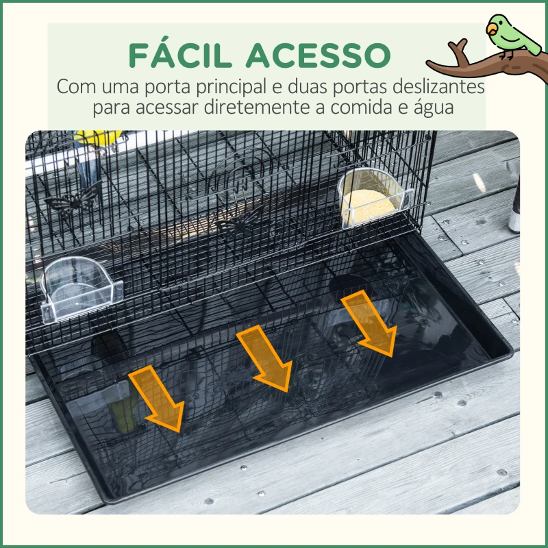 PawHut Gaiola para Pássaros 60x41x41cm Gaiola com 2 Poleiros e 3 Portas para Pássaros Pequenos Canários Preto