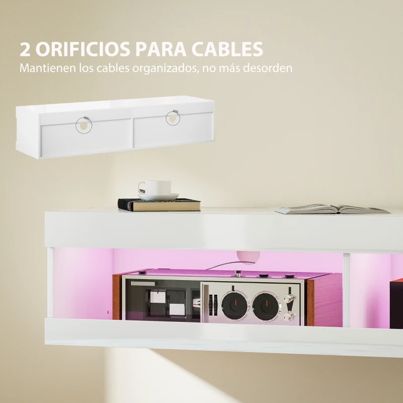 HOMCOM Mueble de TV Suspendido con Luces LED con Control Remoto Compartimentos Orificios Pasacables 140x40x30 cm Blanco Brillo